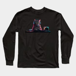 DJ Cat on the Decks – Neon Party Vibes Long Sleeve T-Shirt